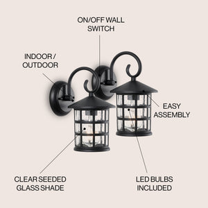 Cadiz 1-Light Iron/Seeded Glass Cottage Rustic Scrolled Lantern LED Outdoor Sconce