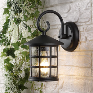 Cadiz 1-Light Iron/Seeded Glass Cottage Rustic Scrolled Lantern LED Outdoor Sconce