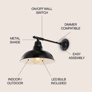 Wallace 1-Light Farmhouse Industrial Indoor/Outdoor Iron LED Victorian Arm Outdoor Sconce