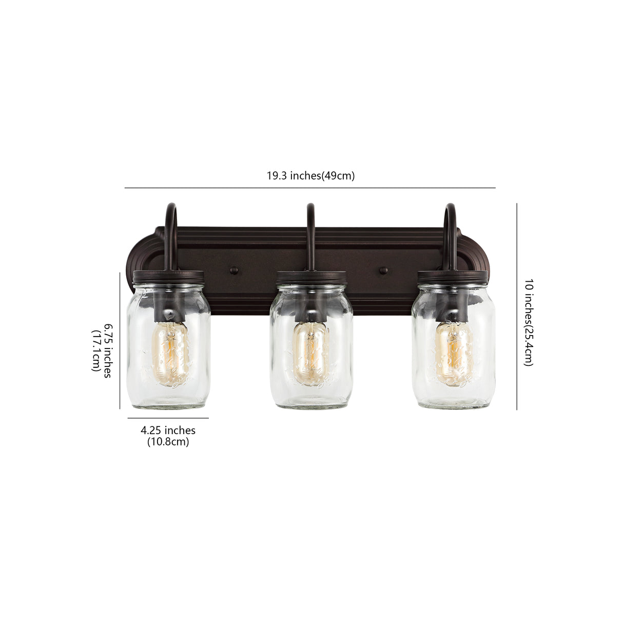 Gaines 3-Light Farmhouse Industrial Iron Mason Jar LED Vanity