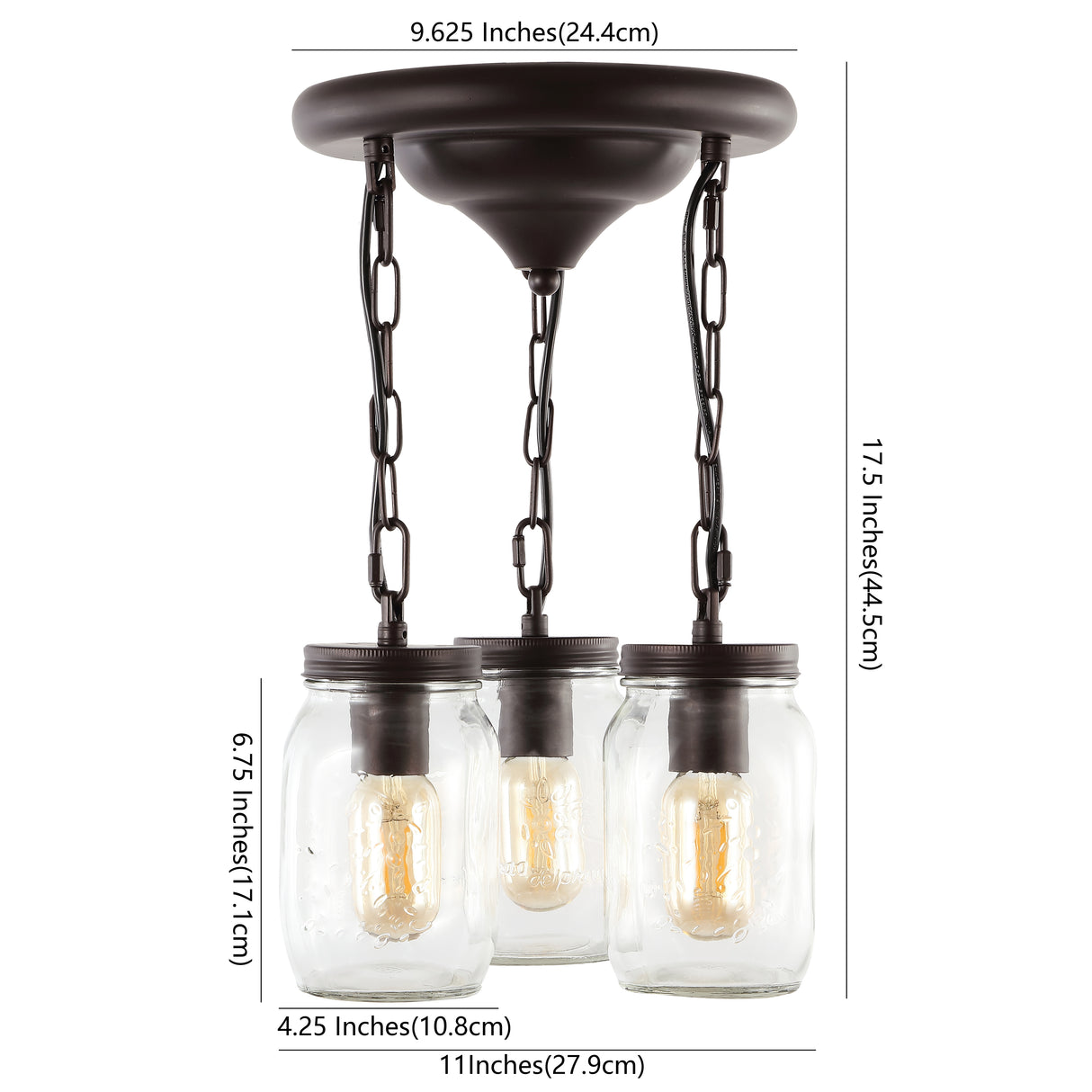 Gaines 3-Light Farmhouse Industrial Iron Mason Jar LED Semi Flush Mount