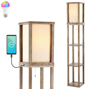 Etagere Rustic Bohemian Wooden LED 3-Shelf Floor Lamp with Pull-Chain
