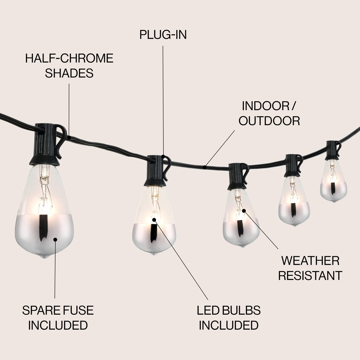 10-light indoor/outdoor rustic industrial incandescent c7 half-chrome bulb string lights