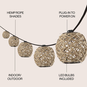 Oahu 10-light indoor/outdoor rustic coastal led c7 globe hemp rope shaded string lights