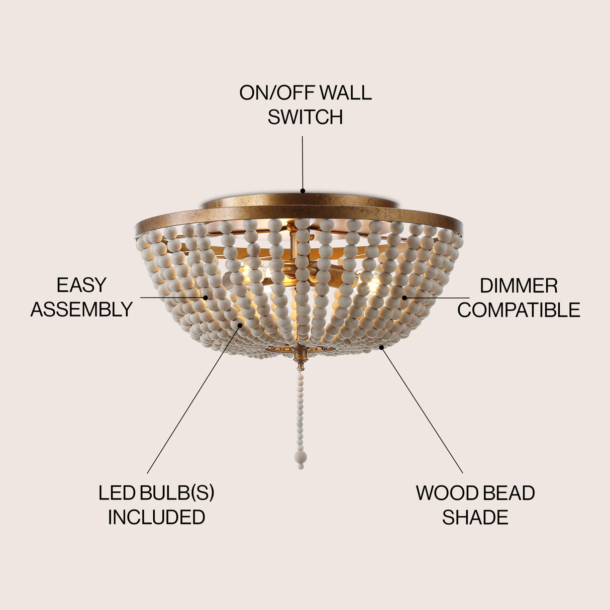Allison 3-Light Shabby Chic Farmhouse Wood Beaded/Metal LED Flush Mount