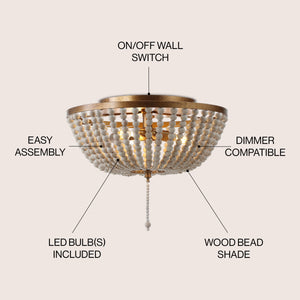Allison 3-Light Shabby Chic Farmhouse Wood Beaded/Metal LED Flush Mount