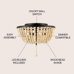 Allison 3-Light Shabby Chic Farmhouse Wood Beaded/Metal LED Flush Mount