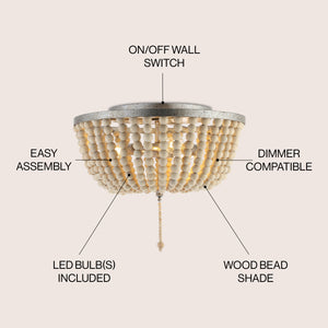 Allison 3-Light Shabby Chic Farmhouse Wood Beaded/Metal LED Flush Mount