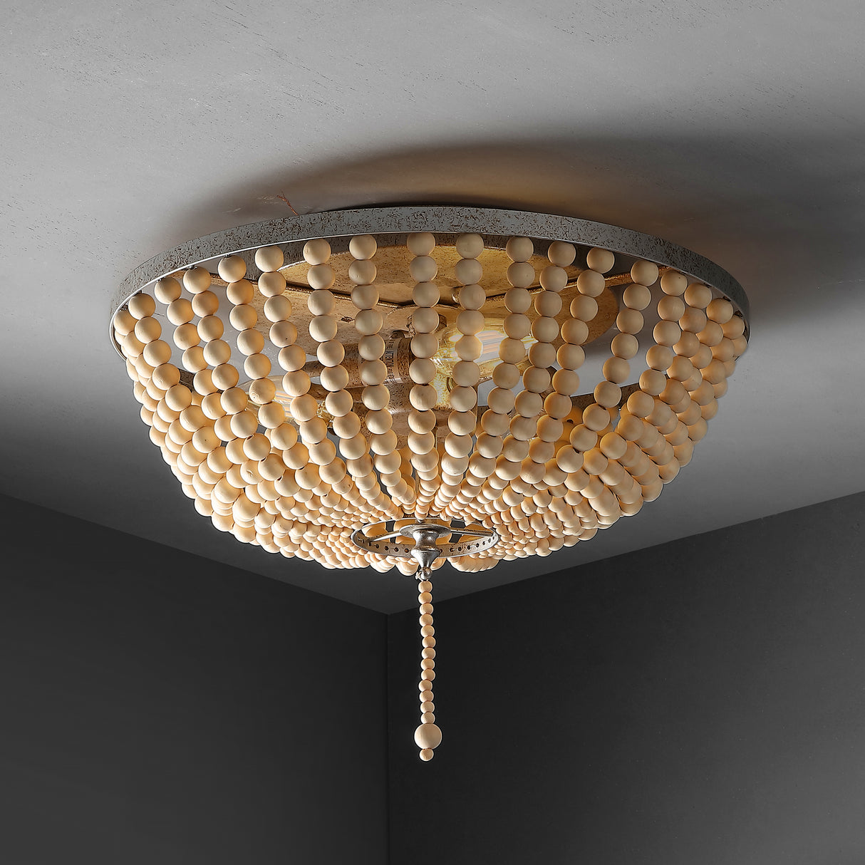 Allison 3-Light Shabby Chic Farmhouse Wood Beaded/Metal LED Flush Mount