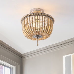 Allie 3-Light Bohemian Farmhouse Wood Bead/Iron LED Semi Flush Mount
