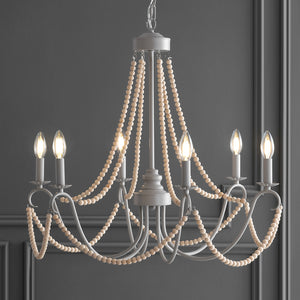 Rustica Adjustable Greige Metal/Wood Bead LED Chandelier