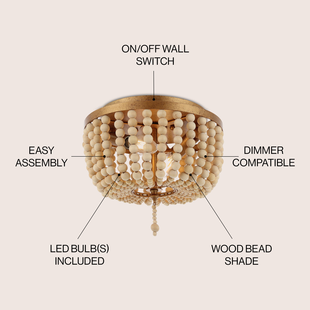 Allison 2-Light Shabby Chic Farmhouse Wood Beaded/Metal LED Flush Mount
