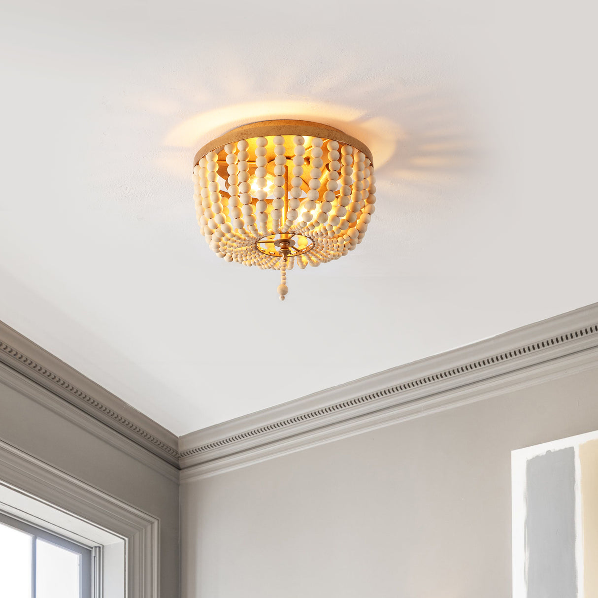 Allison 2-Light Shabby Chic Farmhouse Wood Beaded/Metal LED Flush Mount