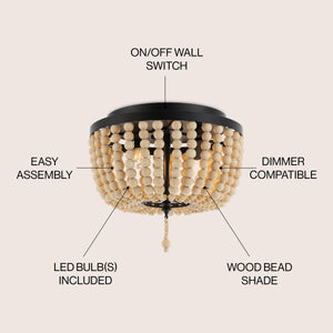 Allison 2-Light Shabby Chic Farmhouse Wood Beaded/Metal LED Flush Mount