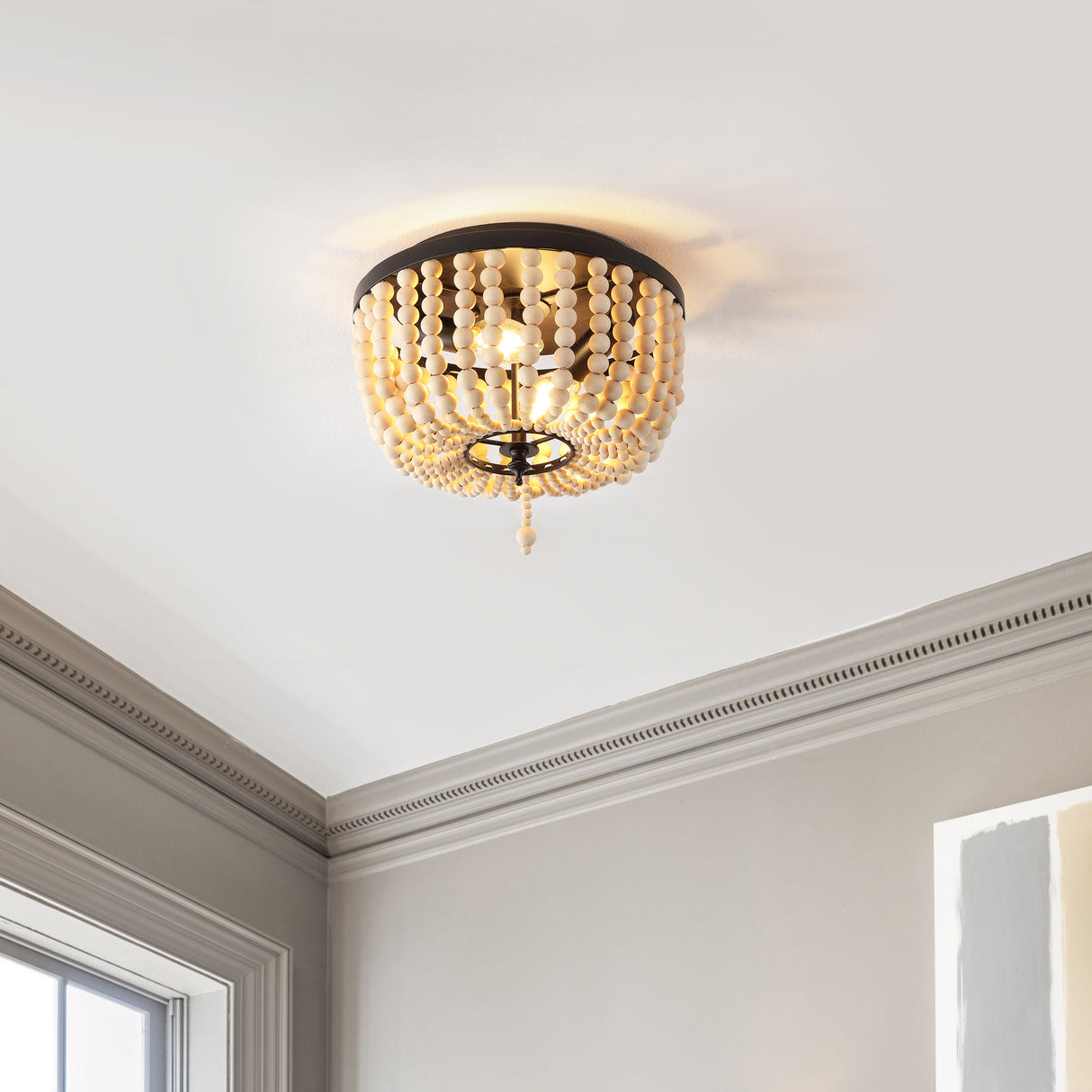 Allison 2-Light Shabby Chic Farmhouse Wood Beaded/Metal LED Flush Mount