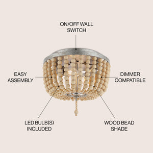 Allison 2-Light Shabby Chic Farmhouse Wood Beaded/Metal LED Flush Mount