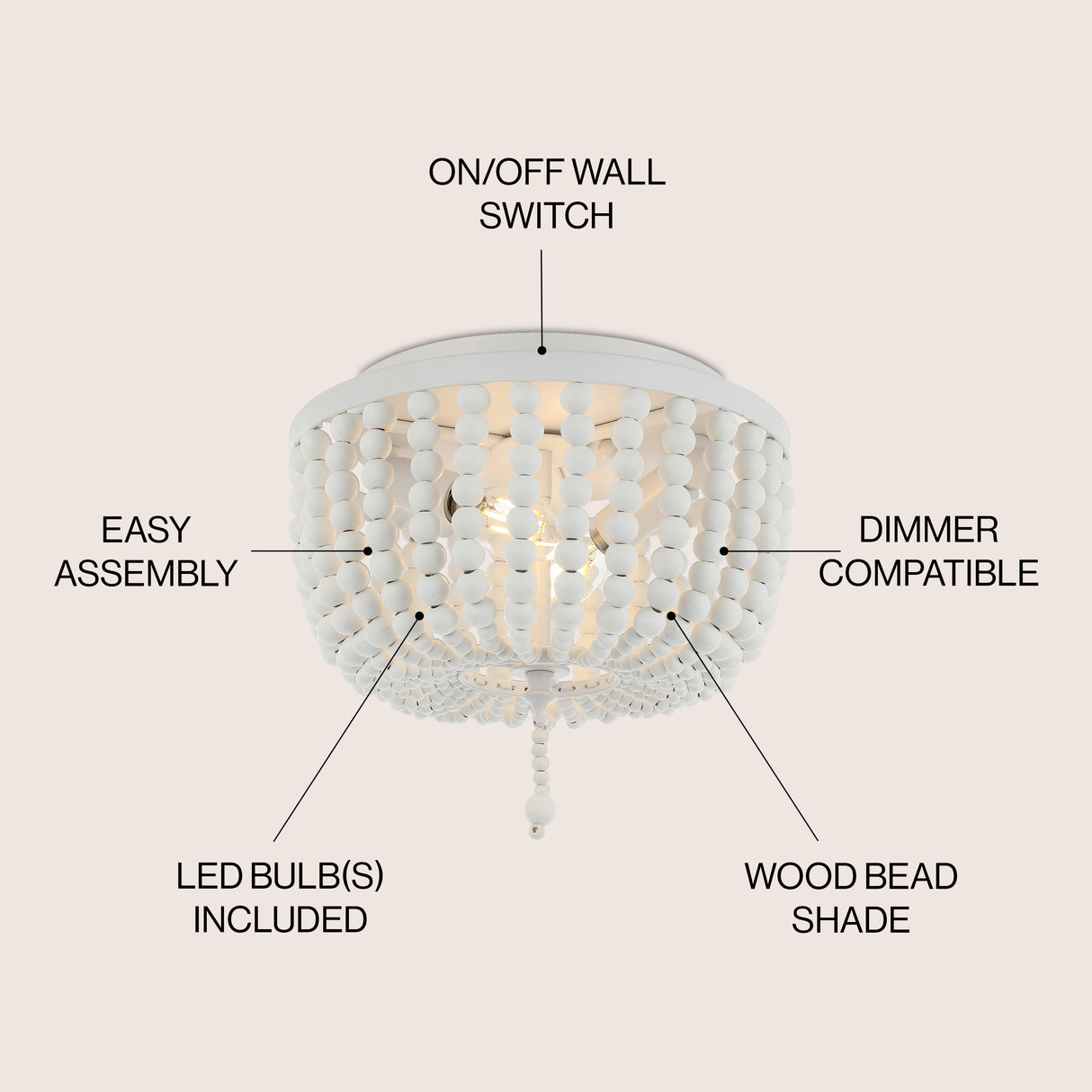 Allison 2-Light Shabby Chic Farmhouse Wood Beaded/Metal LED Flush Mount