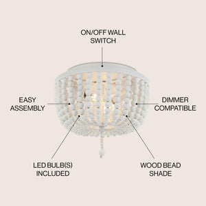 Allison 2-Light Shabby Chic Farmhouse Wood Beaded/Metal LED Flush Mount