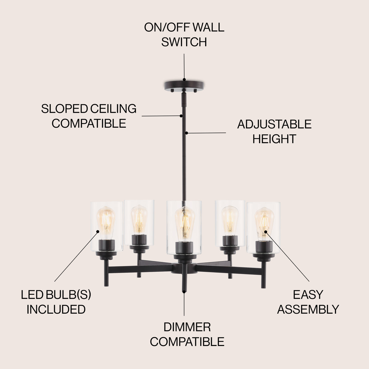 Orpheus 5-Light Farmhouse Industrial Iron Cylinder LED Chandelier