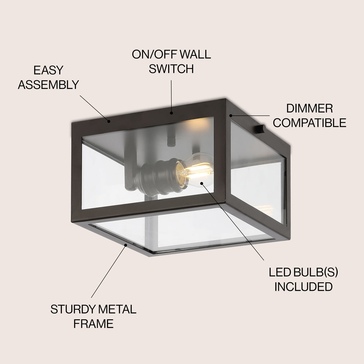 Eleanor 1-Light Farmhouse Industrial Square Iron/Glass Case LED Flush Mount