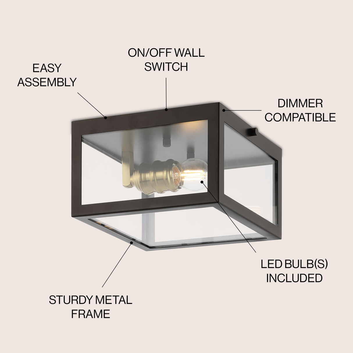 Eleanor 1-Light Farmhouse Industrial Square Iron/Glass Case LED Flush Mount