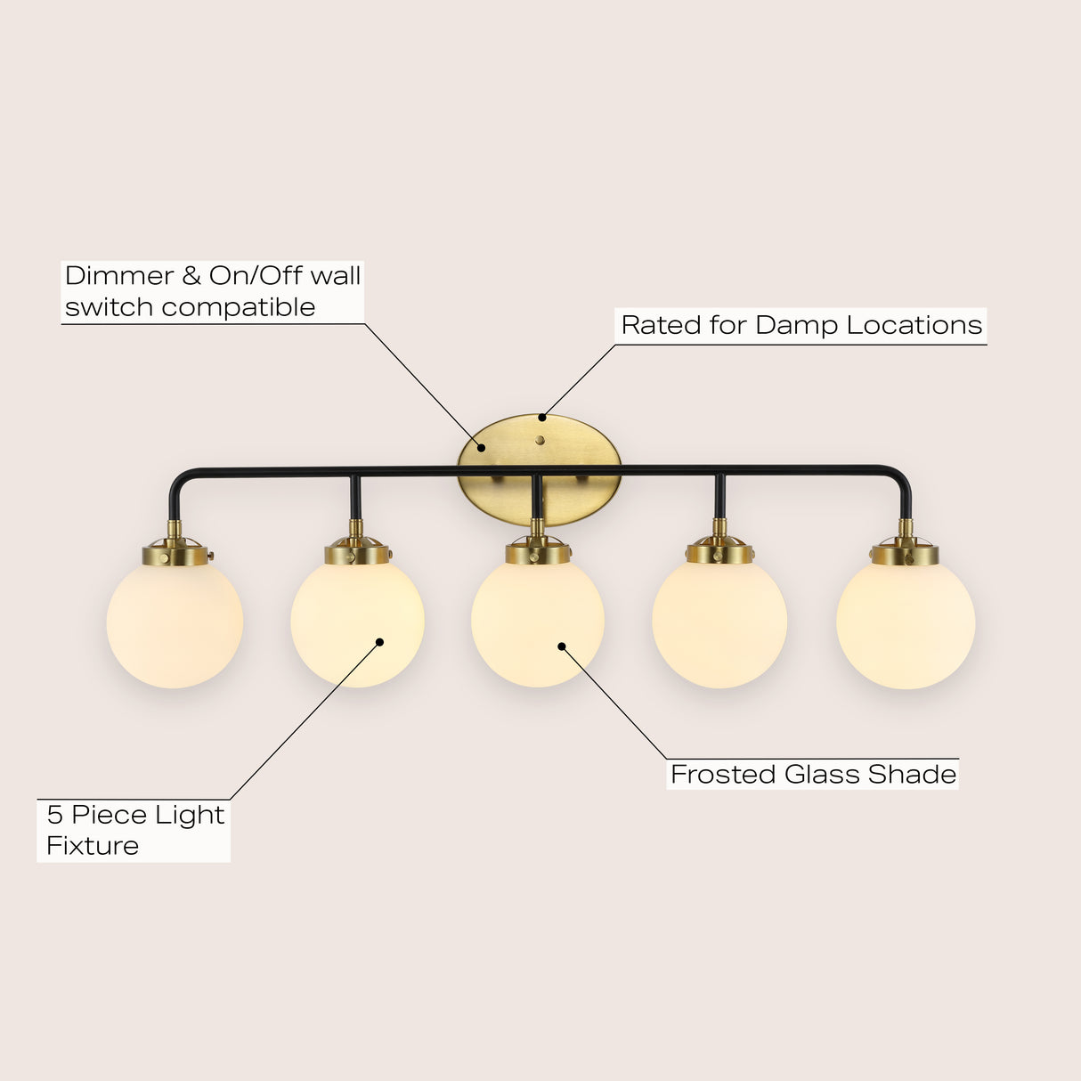 Caleb 5-Light Contemporary Transitional Iron/Glass LED Vanity Light
