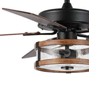 Joanna 2-Light Rustic Industrial Iron/Wood/Seeded Glass Mobile-App/Remote-Controlled LED Ceiling Fan