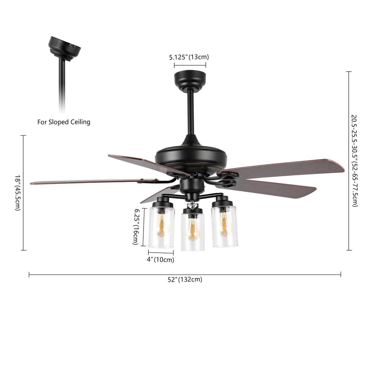 Lucas 3-Light Rustic Industrial Iron/Wood/Seeded Glass Mobile-App/Remote-Controlled LED Ceiling Fan