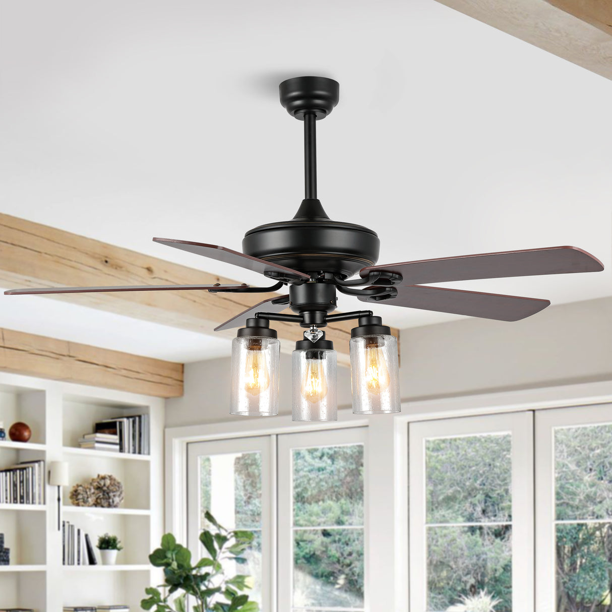 Lucas 3-Light Rustic Industrial Iron/Wood/Seeded Glass Mobile-App/Remote-Controlled LED Ceiling Fan