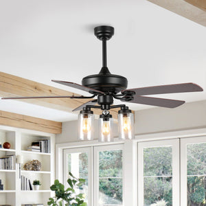 Lucas 3-Light Rustic Industrial Iron/Wood/Seeded Glass Mobile-App/Remote-Controlled LED Ceiling Fan