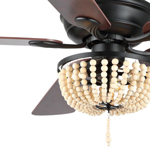 Erin 3-Light Rustic Farmhouse Iron/Wood Bead Mobile-App/Remote-Controlled LED Ceiling Fan
