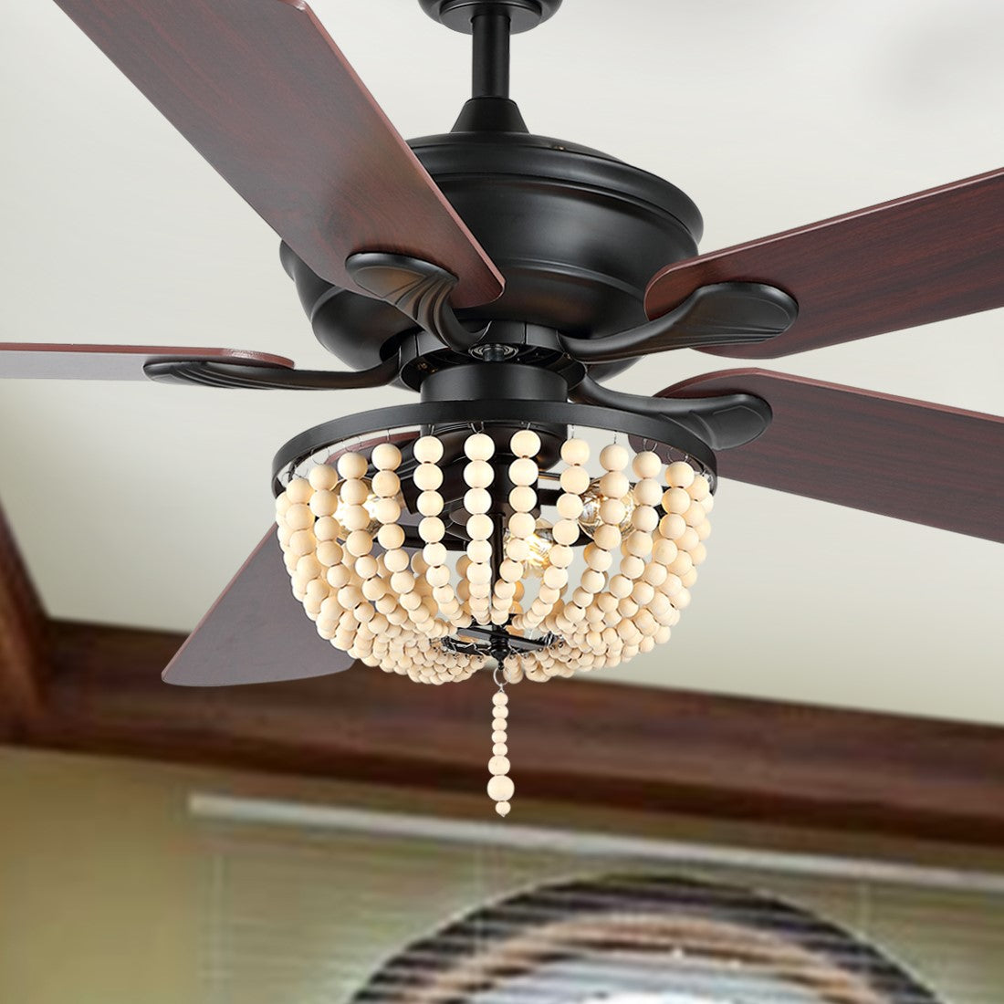 Erin 3-Light Rustic Farmhouse Iron/Wood Bead Mobile-App/Remote-Controlled LED Ceiling Fan