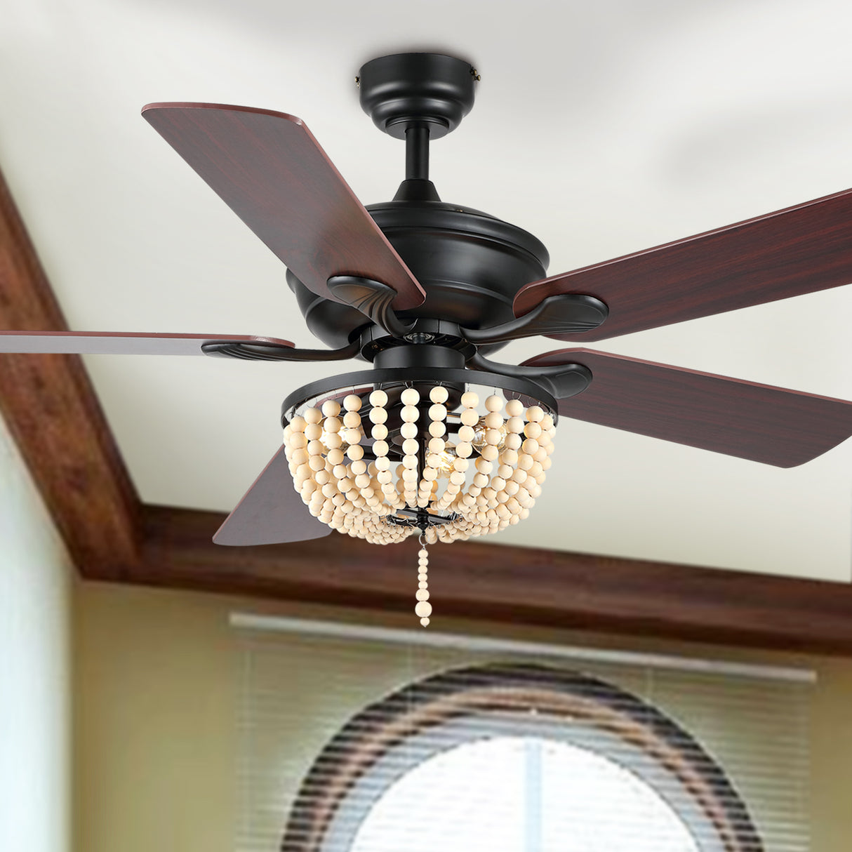 Erin 3-Light Rustic Farmhouse Iron/Wood Bead Mobile-App/Remote-Controlled LED Ceiling Fan