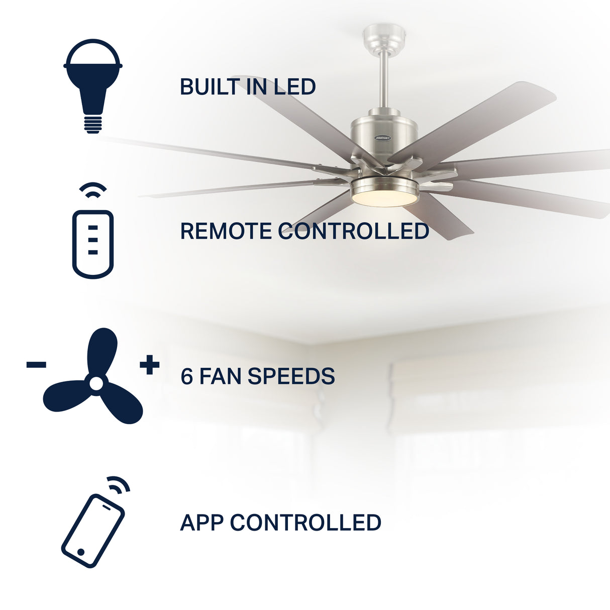 Octo 1-Light Contemporary Industrial Iron/Plastic Mobile-App/Remote-Controlled 6-Speed Ceiling Fan with Integrated LED Light