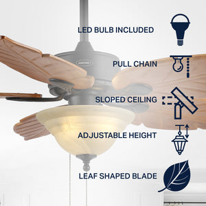 Poinciana 3-Light Coastal Bohemian Iron/Wood Palm Leaf LED Ceiling Fan with Pull Chain
