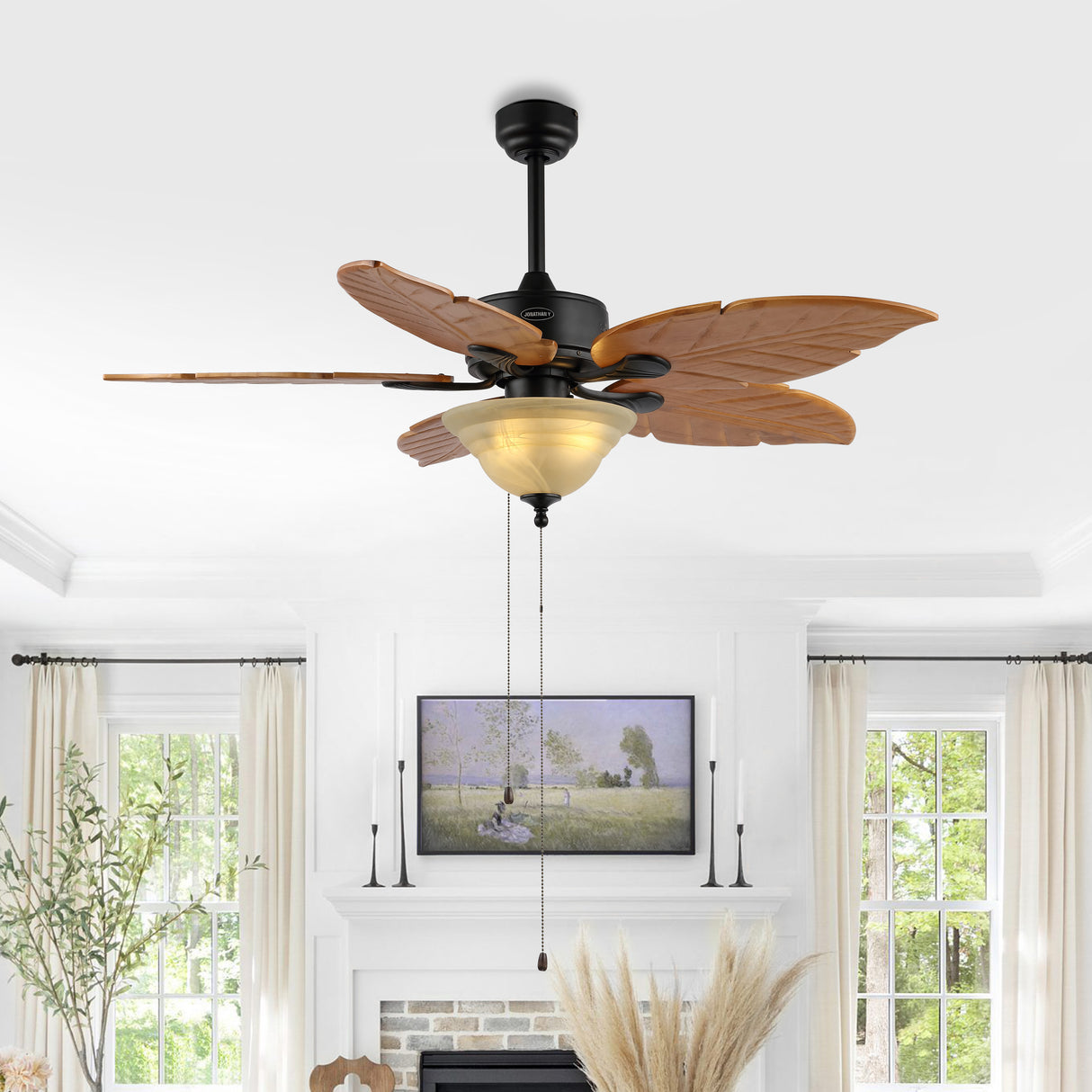 Poinciana 3-Light Coastal Bohemian Iron/Wood Palm Leaf LED Ceiling Fan with Pull Chain