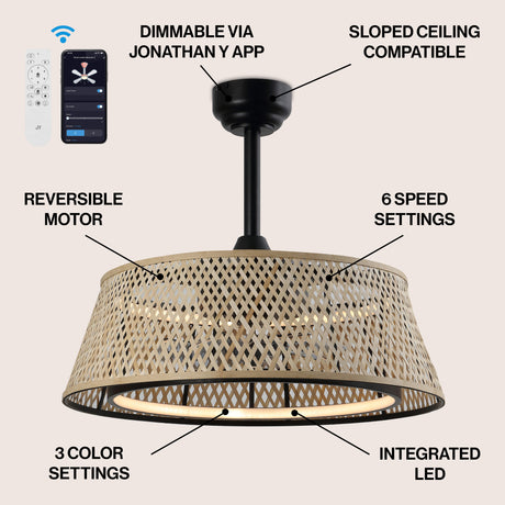 Cressida LED Ceiling Fan, Metal/Bamboo, App/Remote Controlled, Dimmable, Adjustable