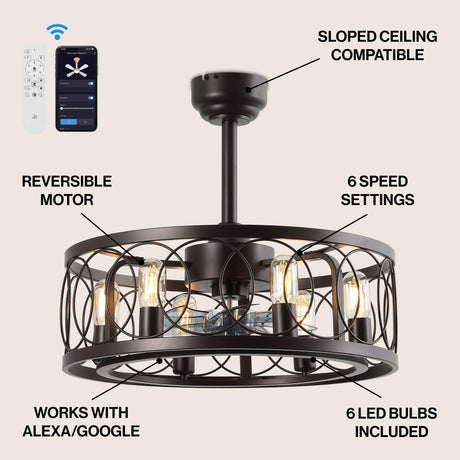 Celeste 6-Light Industrial LED Ceiling Fan, Metal, App/Remote, Caged Design