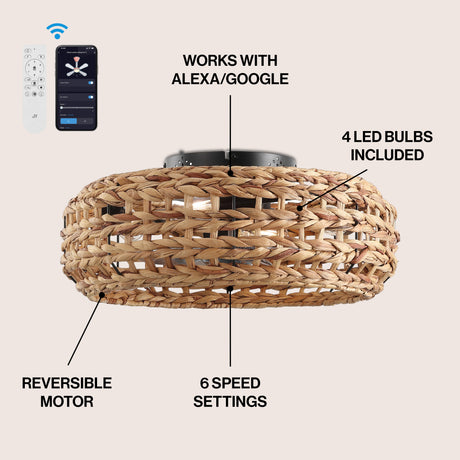 Archer 4-Light Coastal LED Ceiling Fan, Metal/Seagrass, App/Remote, Lantern Design