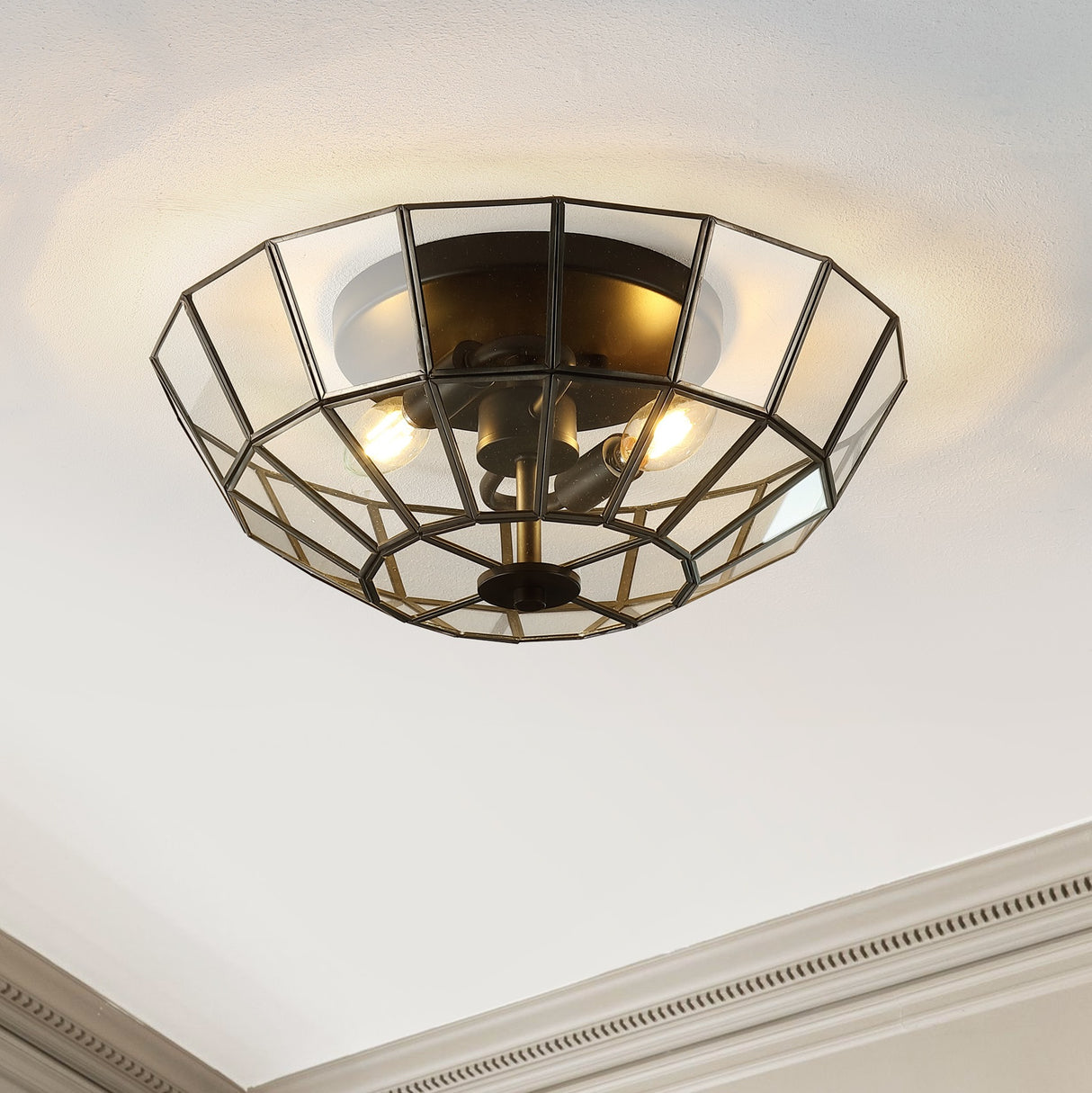 Theo 2-Light Farmhouse Rustic Iron/Glass LED Semi Flush Mount