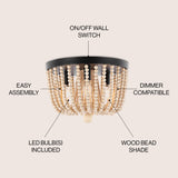 Eivissa 3-Light Coastal Farmhouse Iron/Wood Bead LED Flush Mount