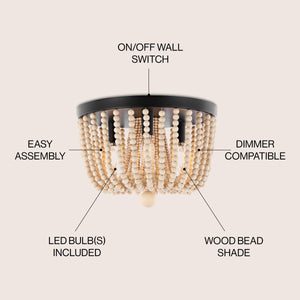 Eivissa 3-Light Coastal Farmhouse Iron/Wood Bead LED Flush Mount