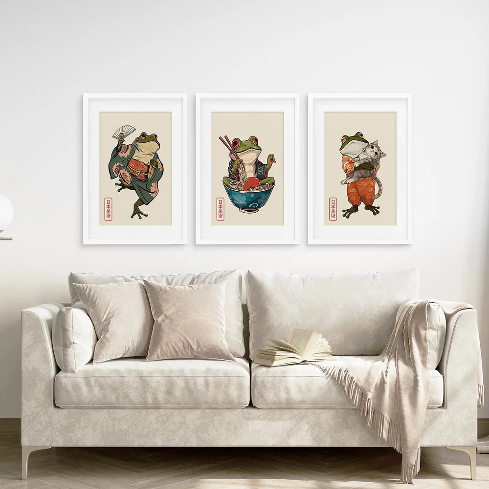 Funny Frog and Cat. Japanese Art. Matsumoto Hoji Poster