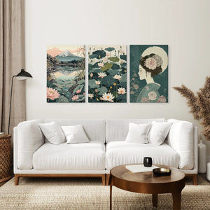 Japanese Nature Wall Art Set. Geisha Poster, Fuji Mountain