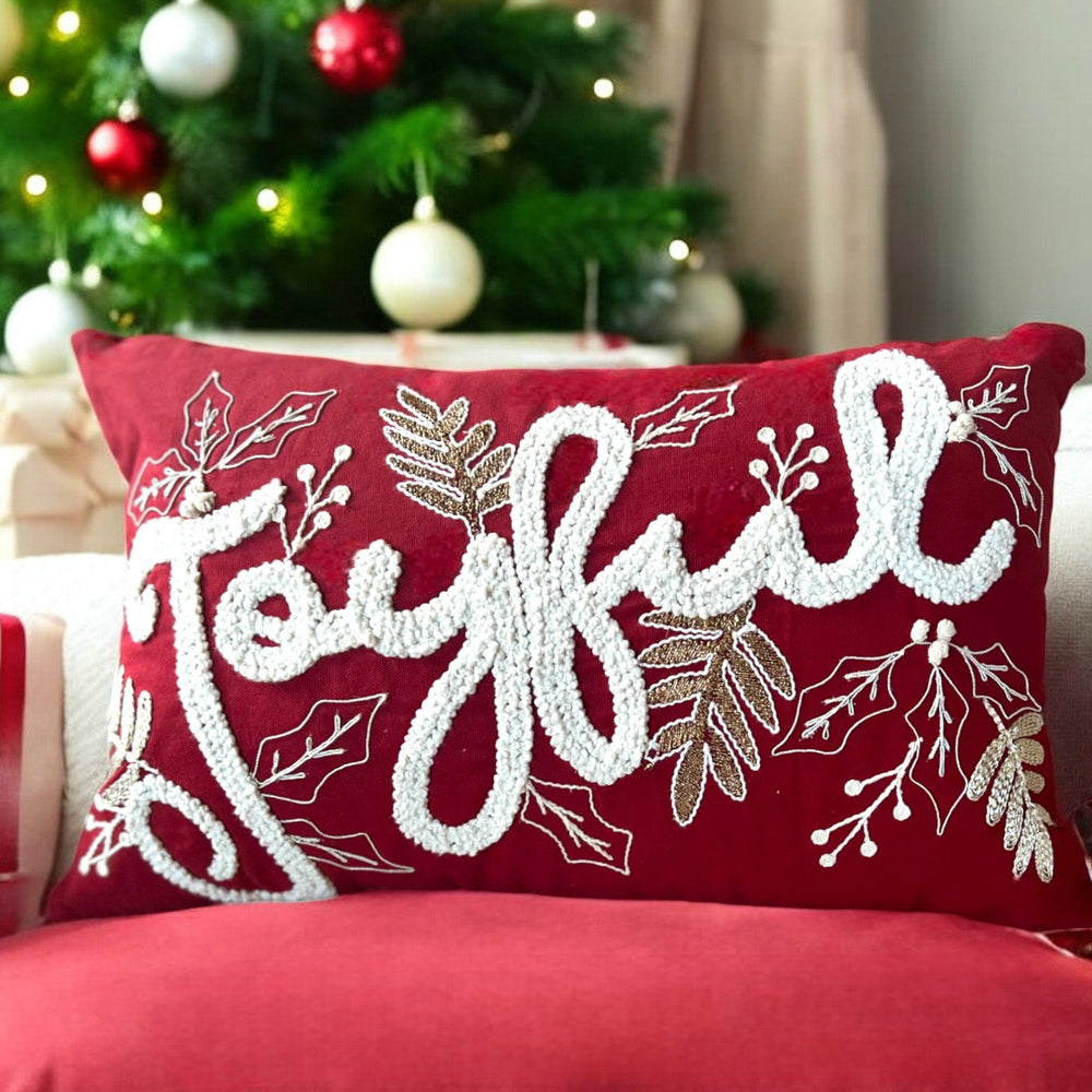 Joyful-Gold-and-Red-Embroidered-Christmas-Themed-Pillow-Throw-Pillow