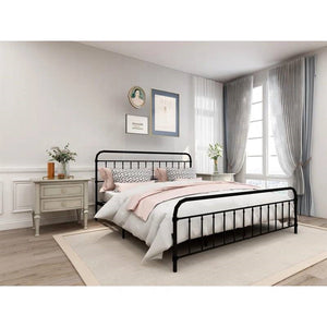 King size Black Metal Platform Bed Frame with Rounded Headboard Footboard