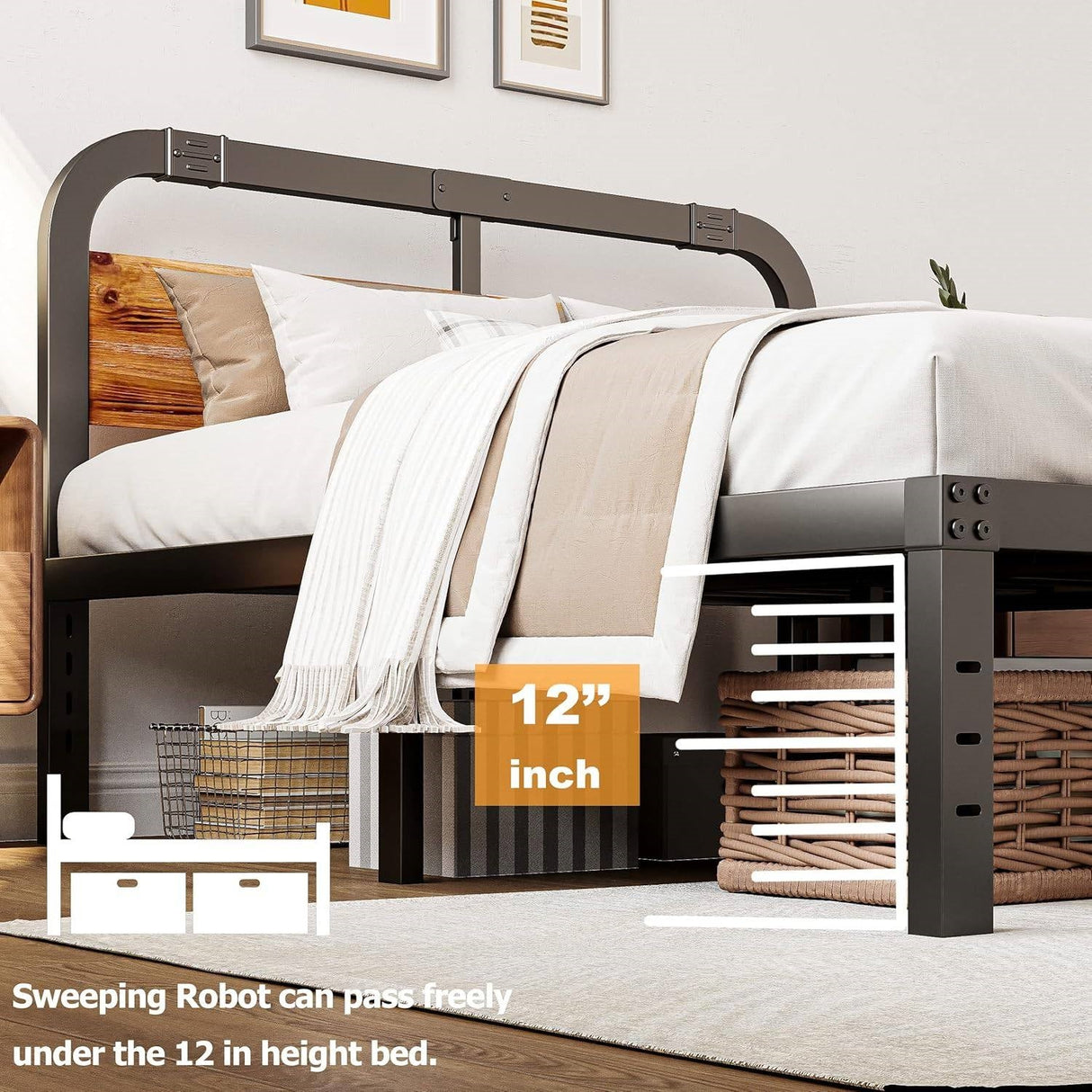 King Heavy Duty Black Metal Bed Frame with Solid Wood Panel Headboard