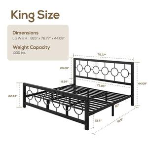 King Black Metal Platform Bed Frame with Circle Medallion Headboard Footboard
