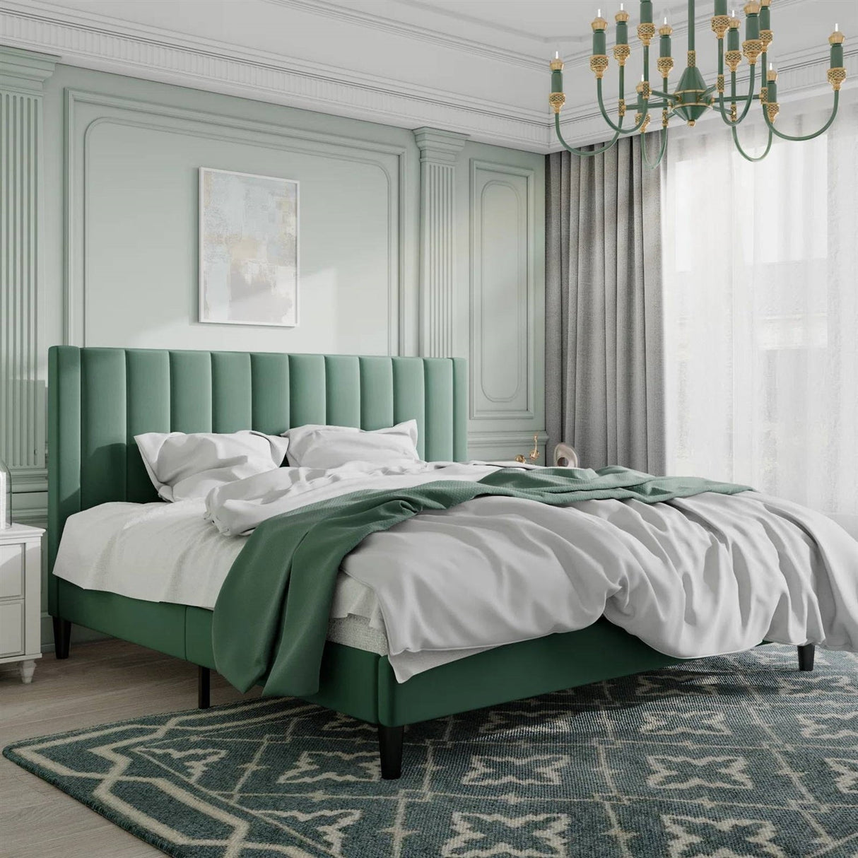 King size Green Velvet Upholstered Platform Bed Frame with Headboard