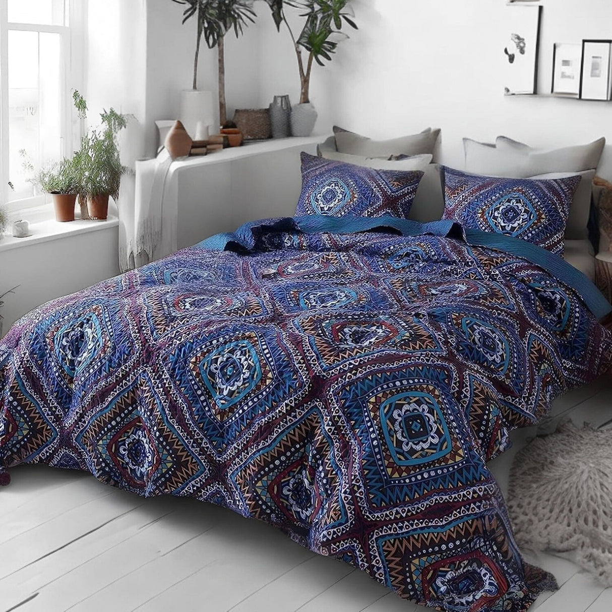 DaDa Bedding Farmhouse Bohemian Native Rustic Navy Blue Geometric Diamond Shapes Bedspread Set (KSX-001)